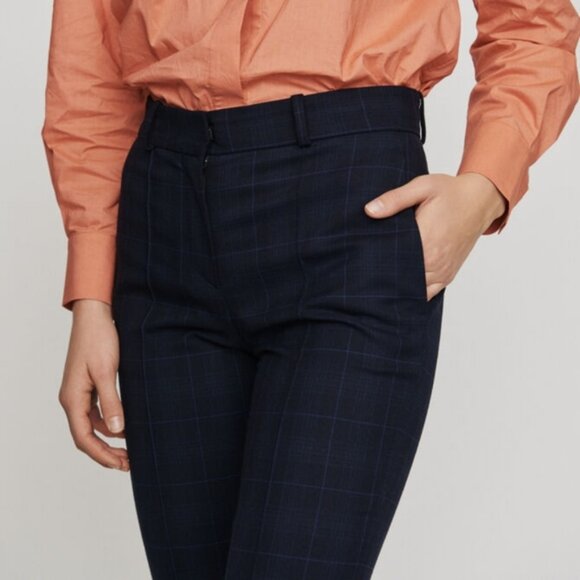 MAJE Preppy Plaid Academia Office Crop Pleated Navy Blue Trousers Pants Size 34 - Picture 3 of 13